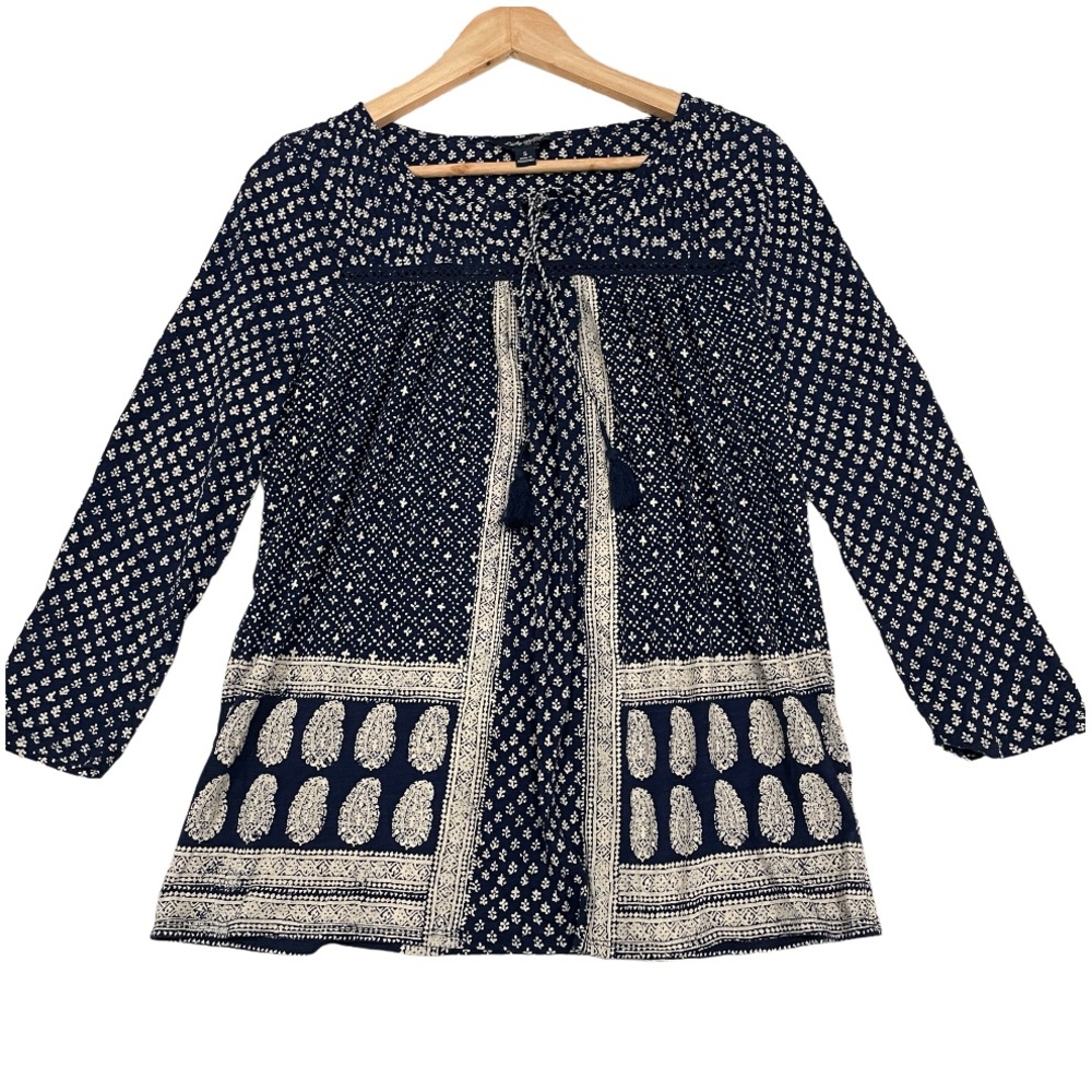 Lucky Brand‎ Navy Blue Paisley Floral Peasant Blouse Tassel Tie Top Small